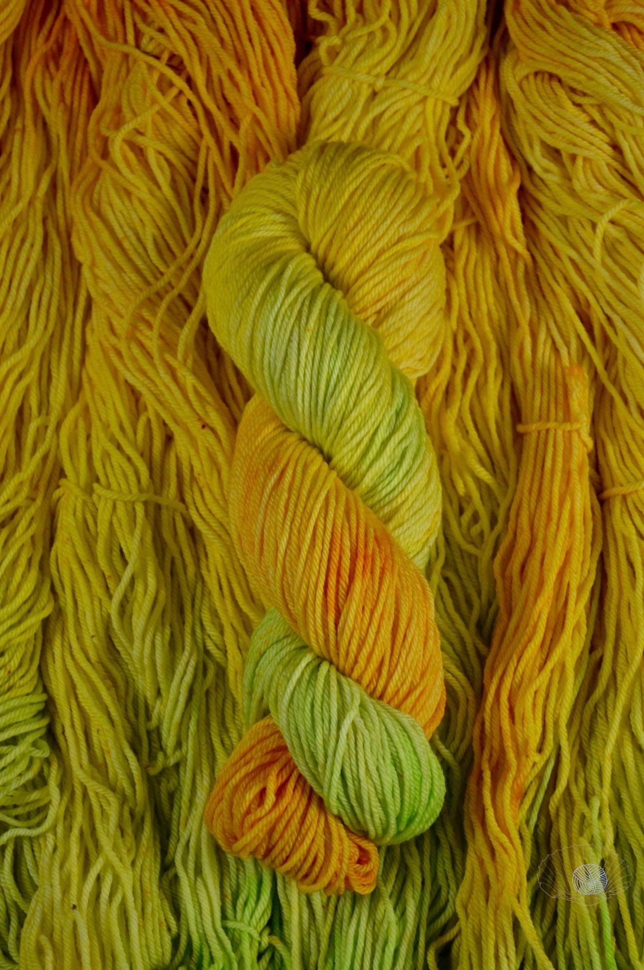 A gradient of orange to yellow to citron with speckling. Dyed on worsted weight yarn.
