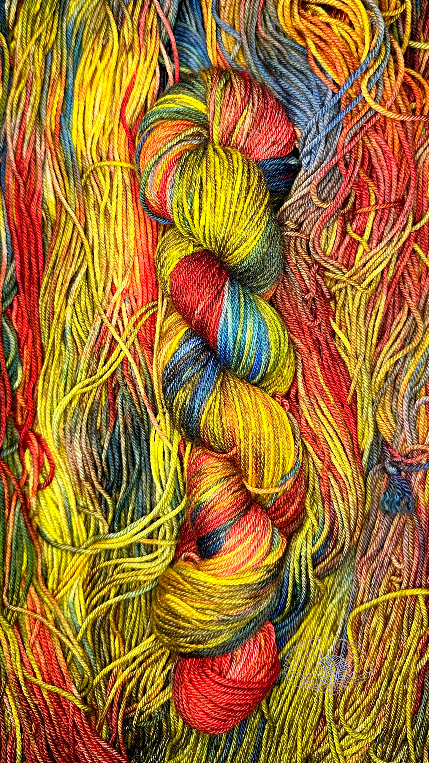 A variegated hank of yarn consisting of dusky shades of red, yellow, and blue sitting atop a pile of untwisted hanks of the same kind.